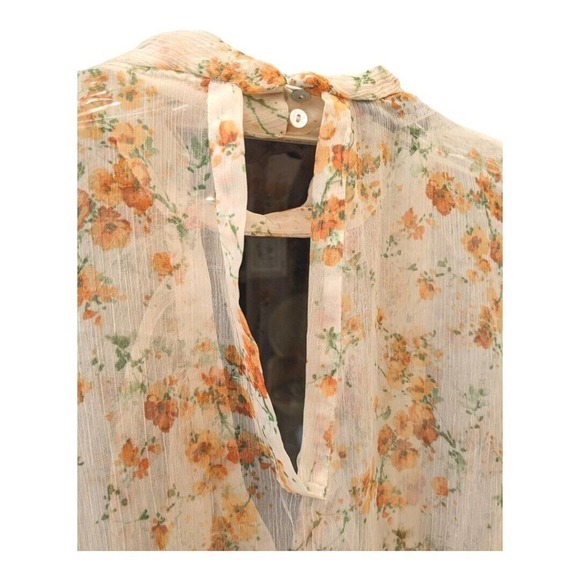 Zara Basic Sheer Orange Floral Long Sleeve Blouse Top Size Small - Picture 4 of 5
